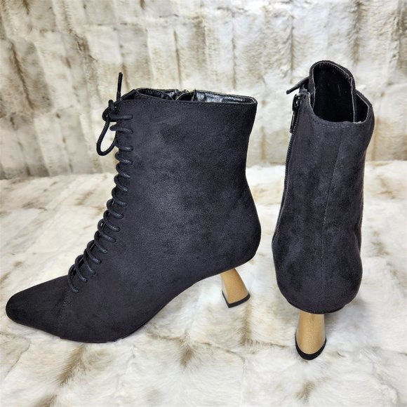 Sassy Looking Black Suede 2" Gold Chunky Heel Ankle Bootie - Picture 2 of 6